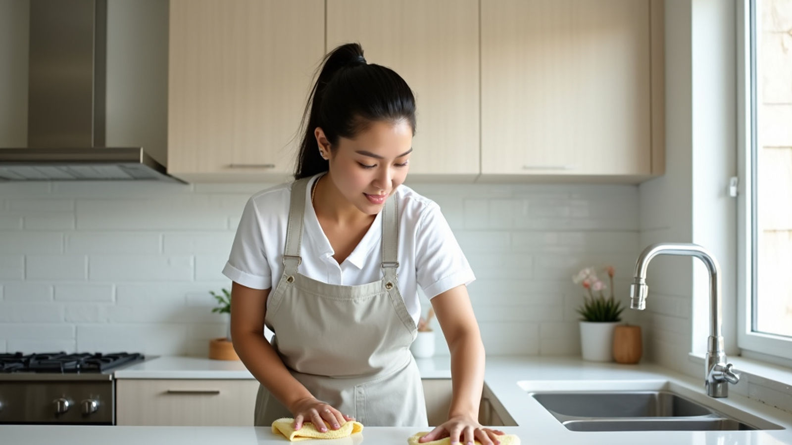 Professional cleaner wiping a kitchen counter in a bright, sunlit home